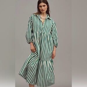 NWT Anthropologie Maeve Green and White Striped Midi Dress